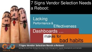 Lacking
Performance &
7 Signs Vendor Selection Needs
a Reboot:
bad habits
7 Signs Vendor Selection Needs a Reboot
Getting the most from Strategic Sourcing, Vendor Management, Supplier Development, and Contracts
© Vessment, LLC See It In Action at VESSMENT.com Connect with us: insights@vessment.com
Effectiveness
Dashboards …
makes for
 