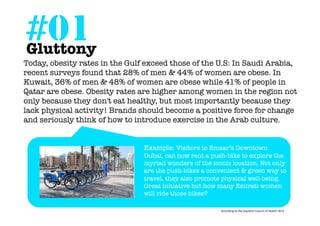 #01
Gluttony	
  
Today, obesity rates in the Gulf exceed those of the U.S: In Saudi Arabia,
recent surveys found that 28% of men & 44% of women are obese. In
Kuwait, 36% of men & 48% of women are obese while 41% of people in
Qatar are obese. Obesity rates are higher among women in the region not
only because they don't eat healthy, but most importantly because they
lack physical activity! Brands should become a positive force for change
and seriously think of how to introduce exercise in the Arab culture. 
Example: Visitors to Emaar’s Downtown
Dubai, can now rent a push-bike to explore the
myriad wonders of the iconic location. Not only
are the push-bikes a convenient & green way to
travel, they also promote physical well-being.
Great initiative but how many Emirati women
will ride those bikes? 
According	
  to	
  the	
  Supreme	
  Council	
  of	
  Health	
  2013

 