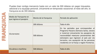 M​edio de Transporte en
que ingresa el pasajero
Monto de la franquicia Periodo de aplicación
Vía terrestre​
300 dólares Todo el año
500 dólares
En los periodos que correspondan al
Programa Paisano (Semana Santa, verano
e invierno) únicamente los pasajeros de
nacionalidad mexicana provenientes del
extranjero que ingresen al país por vía
terrestre, con excepción de las personas
residentes en la franja o región fronteriza.
Vía aérea o marítima 500 dólares Todo el año
Puedes traer contigo mercancía hasta con un valor de 500 dólares sin pagar impuestos,
adicional a tu equipaje personal, únicamente en temporada vacacional; el resto del año, la
franquicia es de 300 dólares.
 