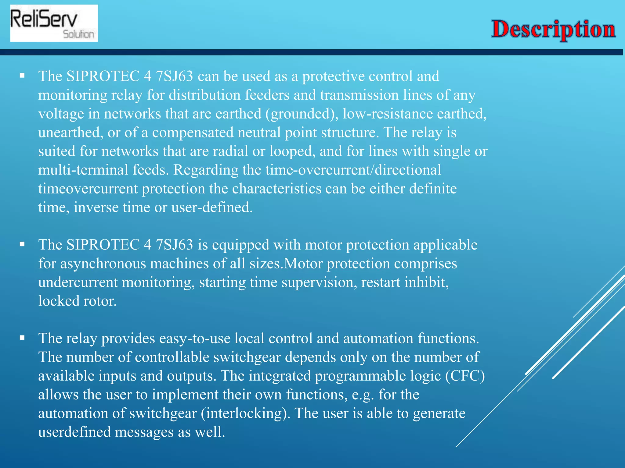 7SJ63 BCPU Multifunction Protection Relay PPT