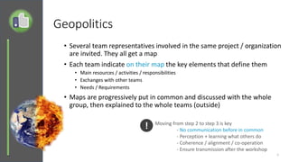 Geopolitics
• Several team representatives involved in the same project / organization
are invited. They all get a map
• Each team indicate on their map the key elements that define them
• Main resources / activities / responsibilities
• Exchanges with other teams
• Needs / Requirements
• Maps are progressively put in common and discussed with the whole
group, then explained to the whole teams (outside)
6
! Moving from step 2 to step 3 is key
- No communication before in common
- Perception + learning what others do
- Coherence / alignment / co-operation
- Ensure transmission after the workshop
 