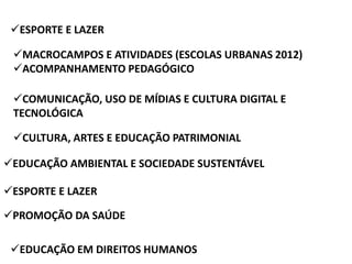 ESPORTE E LAZER 
MACROCAMPOS E ATIVIDADES (ESCOLAS URBANAS 2012) 
ACOMPANHAMENTO PEDAGÓGICO 
COMUNICAÇÃO, USO DE MÍDIAS E CULTURA DIGITAL E 
TECNOLÓGICA 
CULTURA, ARTES E EDUCAÇÃO PATRIMONIAL 
EDUCAÇÃO AMBIENTAL E SOCIEDADE SUSTENTÁVEL 
ESPORTE E LAZER 
PROMOÇÃO DA SAÚDE 
EDUCAÇÃO EM DIREITOS HUMANOS 
 