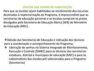 SÍNTESE DAS ETAPAS DE HABILITAÇÃO 
Para que as escolas sejam habilitadas ao recebimento dos recursos 
destinados à implementação do Programa, é imprescindível que as 
secretarias de educação parceiras e as escolas cumpram os prazos 
divulgados pela Secretaria de Educação Básica (SEB) do Ministério 
da Educação (MEC) . 
Adesão das Secretarias de Educação e indicação dos técnicos 
para a coordenação e acompanhamento do Programa; 
 Liberação de senhas no Sistema Integrado de Monitoramento, 
Execução e Controle (SIMEC) para os técnicos das secretarias 
estaduais, distrital e municipais de educação (MEC) e para os 
cadastradores das escolas pré-selecionadas para o Programa 
(Secretarias) 
 