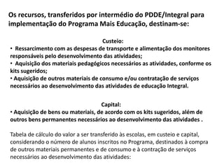 Os recursos, transferidos por intermédio do PDDE/Integral para 
implementação do Programa Mais Educação, destinam-se: 
Custeio: 
• Ressarcimento com as despesas de transporte e alimentação dos monitores 
responsáveis pelo desenvolvimento das atividades; 
• Aquisição dos materiais pedagógicos necessários as atividades, conforme os 
kits sugeridos; 
• Aquisição de outros materiais de consumo e/ou contratação de serviços 
necessários ao desenvolvimento das atividades de educação Integral. 
Capital: 
• Aquisição de bens ou materiais, de acordo com os kits sugeridos, além de 
outros bens permanentes necessários ao desenvolvimento das atividades . 
Tabela de cálculo do valor a ser transferido às escolas, em custeio e capital, 
considerando o número de alunos inscritos no Programa, destinados à compra 
de outros materiais permanentes e de consumo e à contração de serviços 
necessários ao desenvolvimento das atividades: 
 