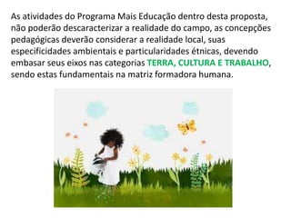 As atividades do Programa Mais Educação dentro desta proposta, 
não poderão descaracterizar a realidade do campo, as concepções 
pedagógicas deverão considerar a realidade local, suas 
especificidades ambientais e particularidades étnicas, devendo 
embasar seus eixos nas categorias TERRA, CULTURA E TRABALHO, 
sendo estas fundamentais na matriz formadora humana. 
 