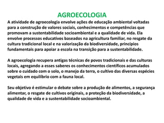 AGROECOLOGIA 
A atividade de agroecologia envolve ações de educação ambiental voltadas 
para a construção de valores sociais, conhecimentos e competências que 
promovam a sustentabilidade socioambiental e a qualidade de vida. Ela 
envolve processos educativos baseados na agricultura familiar, no resgate da 
cultura tradicional local e na valorização da biodiversidade, princípios 
fundamentais para apoiar a escola na transição para a sustentabilidade. 
A agroecologia recupera antigas técnicas de povos tradicionais e das culturas 
locais, agregando a esses saberes os conhecimentos científicos acumulados 
sobre o cuidado com o solo, o manejo da terra, o cultivo das diversas espécies 
vegetais em equilíbrio com a fauna local. 
Seu objetivo é estimular o debate sobre a produção de alimentos, a segurança 
alimentar, o resgate de cultivos originais, a proteção da biodiversidade, a 
qualidade de vida e a sustentabilidade socioambiental. 
 