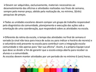 Devem ser adquiridos, exclusivamente, materiais necessários ao 
desenvolvimento das oficinas e atividades realizadas nos finais de semana, 
sempre pelo menor preço, obtido pela realização de, no mínimo, 3(três) 
pesquisas de preços. 
Todas as unidades escolares devem compor um grupo de trabalho responsável 
pelo diagnóstico da comunidade, planejamento e execução das ações sob a 
orientação de uma coordenação, que responderá sobre as atividades na escola. 
Diferente da rotina da escola, o tempo das atividades no final de semana é 
variado (o sinal não toca para troca de aulas ou para indicar o horário do recreio) e 
o voluntário está presente na escola para contribuir com a integração escola-comunidade 
e não apenas para “dar sua oficina”. Assim, é a própria Equipe Local 
que deve se dividir a fim de garantir que a escola esteja aberta para receber os 
alunos e a comunidade. 
As escolas devem manter atividades por um período de no mínimo 6 (seis) horas. 
 