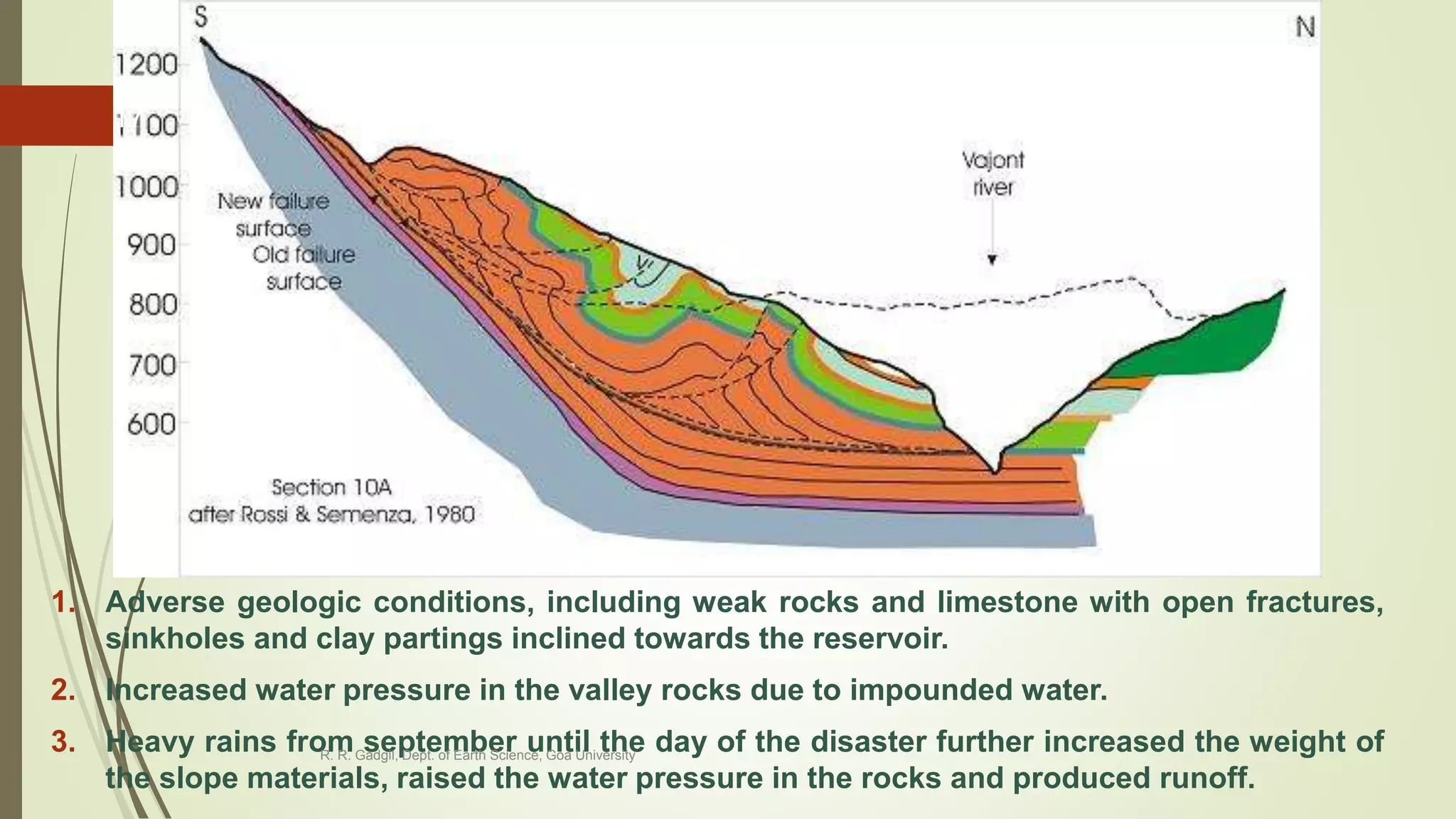 1. Adverse geologic conditions, including weak rocks and limestone with open fractures,
sinkholes and clay partings inclined towards the reservoir.
2. Increased water pressure in the valley rocks due to impounded water.
3. Heavy rains from september until the day of the disaster further increased the weight of
the slope materials, raised the water pressure in the rocks and produced runoff.
R. R. Gadgil, Dept. of Earth Science, Goa University
17
 