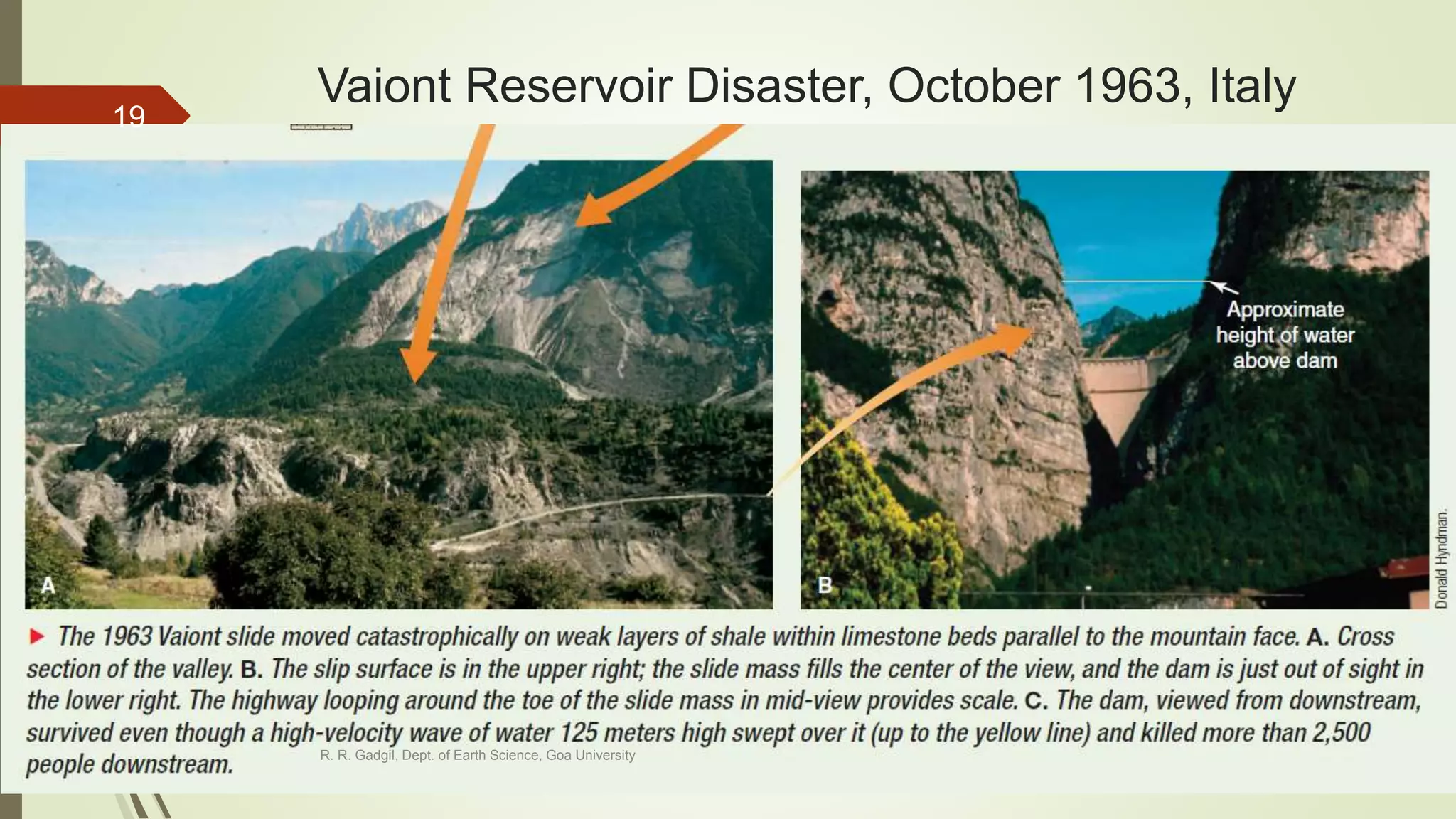 Vaiont Reservoir Disaster, October 1963, Italy
R. R. Gadgil, Dept. of Earth Science, Goa University
19
 