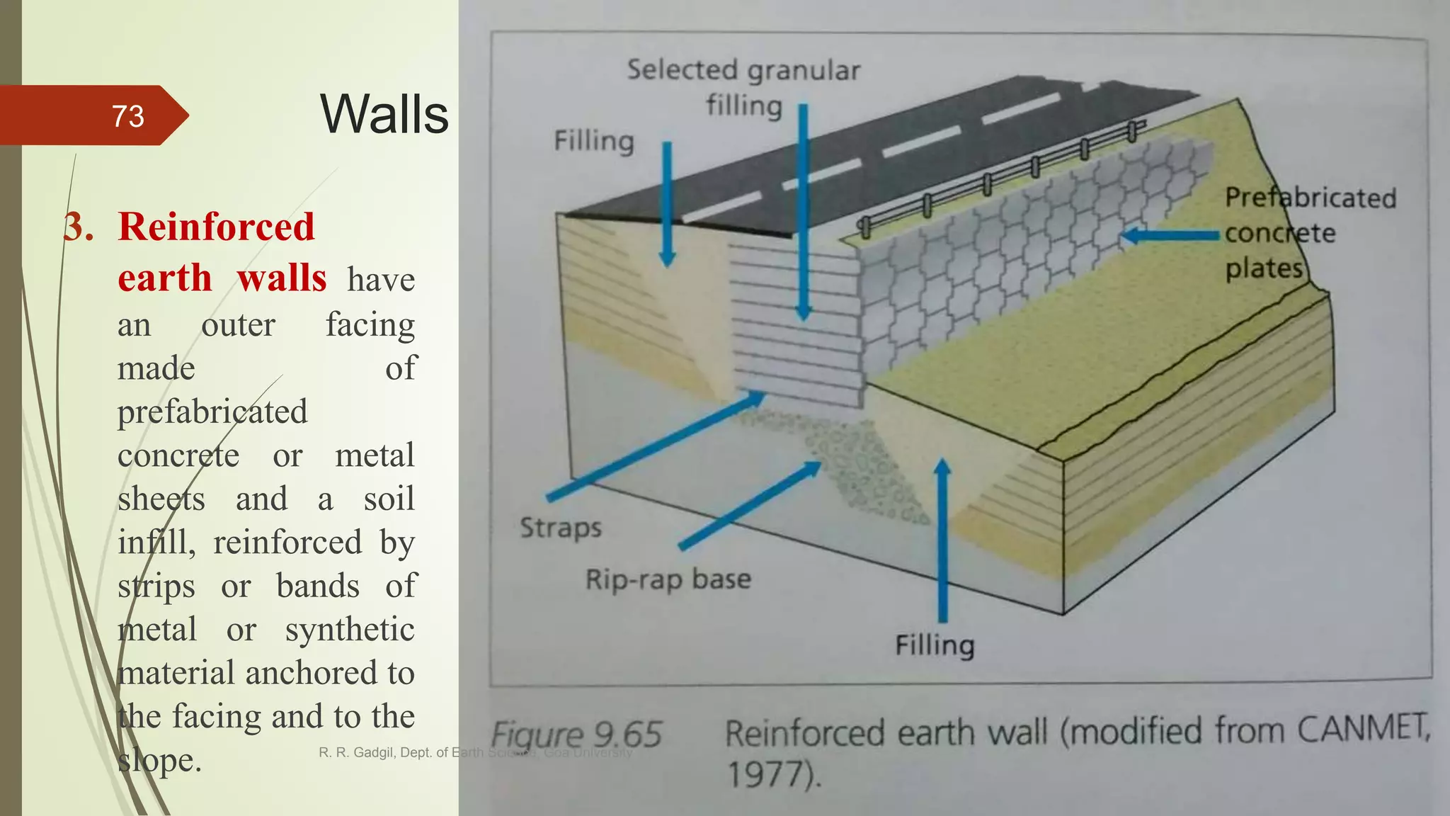 Walls and Retaining elements
3. Reinforced
earth walls have
an outer facing
made of
prefabricated
concrete or metal
sheets and a soil
infill, reinforced by
strips or bands of
metal or synthetic
material anchored to
the facing and to the
slope. R. R. Gadgil, Dept. of Earth Science, Goa University
73
 