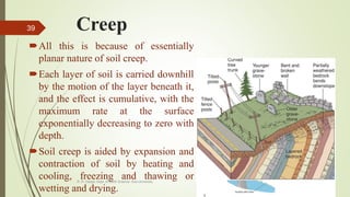 Creep
All this is because of essentially
planar nature of soil creep.
Each layer of soil is carried downhill
by the motion of the layer beneath it,
and the effect is cumulative, with the
maximum rate at the surface
exponentially decreasing to zero with
depth.
Soil creep is aided by expansion and
contraction of soil by heating and
cooling, freezing and thawing or
wetting and drying.
R. R. Gadgil, Dept. of Earth Science, Goa University
39
 