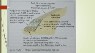 Modifying the
slope geometry
1. Excavation of the head of the slope
2. Increasing weight at the slope toe, even
though this solution means occupying a
large area at the base of the slope where
available space is usually scarce.
3. A wall with proper foundations can be
constructed
4. Put rip-rap at the slope toe
5. Slope stepping: construction of benches
and berms.
R. R. Gadgil, Dept. of Earth Science, Goa University
50
 