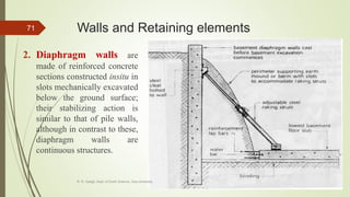 Walls and Retaining elements
2. Diaphragm walls are
made of reinforced concrete
sections constructed insitu in
slots mechanically excavated
below the ground surface;
their stabilizing action is
similar to that of pile walls,
although in contrast to these,
diaphragm walls are
continuous structures.
R. R. Gadgil, Dept. of Earth Science, Goa University
71
 