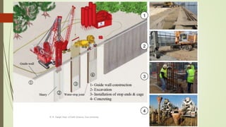 Walls and Retaining elements
2. Diaphragm walls are made
of reinforced concrete
sections constructed insitu in
slots mechanically excavated
below the ground surface;
their stabilizing action is
similar to that of pile walls,
although in contrast to these,
diaphragm walls are
continuous structures.
R. R. Gadgil, Dept. of Earth Science, Goa University
72
 