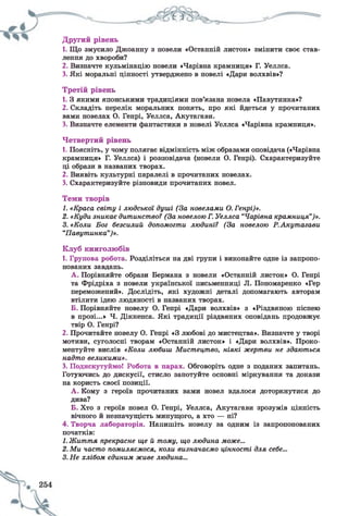 Другий рівень
1. Що змусило Джоанну з новели «Останній листок» змінити своє став­
лення до хвороби?
2. Визначте кульмінацію новели «Чарівна крамниця» Г. Уеллса.
3. Які моральні цінності утверджено в новелі «Дари волхвів»?
Третій рівень
1. З якими японськими традиціями пов’язана новела «Павутинка»?
2. Складіть перелік моральних понять, про які йдеться у прочитаних
вами новелах О. Генрі, Уеллса, Акутагави.
3. Визначте елементи фантастики в новелі Уеллса «Чарівна крамниця».
Четвертий рівень
1. Поясніть, у чому полягає відмінність між образами оповідача («Чарівна
крамниця» Г. Уеллса) і розповідача (новели О. Генрі). Схарактеризуйте
ці образи в названих творах.
2. Виявіть культурні паралелі в прочитаних новелах.
3. Схарактеризуйте різновиди прочитаних новел.
Теми творів
1. «Краса світу і людської душі (За новелами О.Генрі)».
2. «Куди зникає дитинство? (За новелою Г. Уеллса “ Чарівна крамниця”)».
3. «Коли Бог безсилий допомогти людині? (За новелою Р. Акутагави
“Павутинка”)».
Клуб книголюбів
1. Групова робота. Розділіться на дві групи і виконайте одне із запропо­
нованих завдань.
А . Порівняйте образи Бермана з новели «Останній листок» О. Генрі
та Фрідріха з новели української письменниці Л. Пономаренко «Гер
переможений». Дослідіть, які художні деталі допомагають авторам
втілити ідею людяності в названих творах.
Б. Порівняйте новелу О. Генрі «Дари волхвів» з «Різдвяною піснею
в прозі...» Ч. Діккенса. Які традиції різдвяних оповідань продовжує
твір О. Генрі?
2. Прочитайте новелу О. Генрі «З любові до мистецтва». Визначте у творі
мотиви, суголосні творам «Останній листок» і «Дари волхвів». Проко­
ментуйте вислів «Коли любиш Мистецтво, ніякі жертви не здаються
надто великими».
3. Подискутуймо! Робота в парах. Обговоріть одне з поданих запитань.
Готуючись до дискусії, стисло занотуйте основні міркування та докази
на користь своєї позиції.
А . Кому з героїв прочитаних вами новел вдалося доторкнутися до
дива?
Б. Хто з героїв новел О. Генрі, Уеллса, Акутагави зрозумів цінність
вічного й незначущість минущого, а хто — ні?
4. Творча лабораторія. Напишіть новелу за одним із запропонованих
початків:
1. Життя прекрасне ще й тому, що людина може...
2. Ми часто помиляємося, коли визначаємо цінності для себе...
3. Не хлібом єдиним живе людина...
 