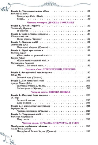 Розділ 2. Навчитися жити гідно ........................................................131
Редьярд Кіплінг
Балада про Схід і З ахід................................................................... 133
Якщо......................................................................................................136
Частина четверта. ДРУЖБА І КОХАННЯ
Розділ 1. Радість др у ж б и .......................................................................142
Олександр Пушкін
19 ж о в т н я ..........................................................................................144
Розділ 2. Смак першого кохан ня............................................................148
Шолом-Алейхем
Пісня пісень (Уривки) ................................................................... 152
Розділ 3. Вітрила н а д і ї ...........................................................................161
Олександр Грін
Пурпурові вітрила (Уривки)............................................................165
Розділ 4. Вірші про к охан н я ................................................................... 181
Роберт Берне
«Моя любов — рожевий к в іт ...» ....................................................182
Генріх Гейне
«Коли настав чудовий м а й ...» ........................................................183
Костянтин Симонов
«Чуєш... Ти чекай мене...»............................................................... 185
Частина п’ята. ЛІТЕРАТУРНИЙ ДЕТЕКТИВ
Розділ 1. Зачарований т аємницями....................................................190
Едгар По
Золотий жук (Уривки).......................................................................193
Розділ 2. Детективний геній...................................................................202
Артур Конан Дойл
Пістрява стрічка (Уривки)...............................................................205
Спілка рудих (У ри вк и )................................................................... 215
Частина шоста. СВІТОВА НОВЕЛА
Розділ 1. Маленькі дива ж ит т я........................................................... 228
О. Генрі
Останній л и с т о к .............................................................................. 230
Дари волхвів......................................................................................236
Розділ 2. У фантастичних ба рва х........................................................241
Герберт, Уеллс
Чарівна крамниця (Уривки)........................................................... 243
Розділ 3. Павутинка н а дії.......................................................................248
Рюноске Акутагава
Павутинка..........................................................................................250
Частина сьома. СУЧАСНА ЛІТЕРАТУРА. Я І СВІТ
Мандруючи чарівними світ ам и ........................................................... 256
Діана Вінн Джонс
Мандрівний Замок Хаула (Уривки)................................................258
 