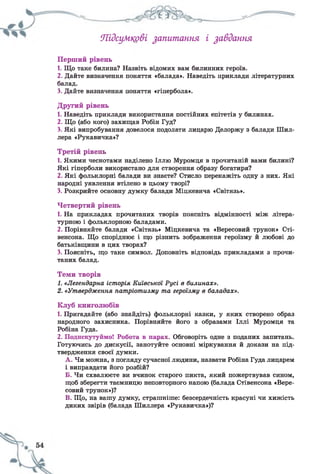 Підсумкові запитання і завдання
Перший рівень
1. Що таке билина? Назвіть відомих вам билинних героїв.
2. Дайте визначення поняття «балада». Наведіть приклади літературних
балад.
3. Дайте визначення поняття «гіпербола».
Другий рівень
1. Наведіть приклади використання постійних епітетів у билинах.
2. Що (або кого) захищав Робін Гуд?
3. Які випробування довелося подолати лицарю Делоржу з балади Шил-
лера «Рукавичка»?
Третій рівень
1. Якими чеснотами наділено Іллю Муромця в прочитаній вами билині?
Які гіперболи використано для створення образу богатиря?
2. Які фольклорні балади ви знаєте? Стисло перекажіть одну з них. Які
народні уявлення втілено в цьому творі?
3. Розкрийте основну думку балади Міцкевича «Світязь».
Четвертий рівень
1. На прикладах прочитаних творів поясніть відмінності між літера­
турною і фольклорною баладами.
2. Порівняйте балади «Світязь» Міцкевича та «Вересовий трунок» Сті-
венсона. Що споріднює і що різнить зображення героїзму й любові до
батьківщини в цих творах?
3. Поясніть, що таке символ. Доповніть відповідь прикладами з прочи­
таних балад.
Теми творів
1. «Легендарна історія Київської Русі в билинах».
2. «Утвердження патріотизму та героїзму в баладах».
Клуб книголюбів
1. Пригадайте (або знайдіть) фольклорні казки, у яких створено образ
народного захисника. Порівняйте його з образами Іллі Муромця та
Робіна Гуда.
2. Подискутуймо! Робота в парах. Обговоріть одне з поданих запитань.
Готуючись до дискусії, занотуйте основні міркування й докази на під­
твердження своєї думки.
A . Чи можна, з погляду сучасної людини, назвати Робіна Гуда лицарем
і виправдати його розбій?
Б. Чи схвалюєте ви вчинок старого пикта, який пожертвував сином,
щоб зберегти таємницю неповторного напою (балада Стівенсона «Вере­
совий трунок»)?
B. Що, на вашу думку, страшніше: безсердечність красуні чи хижість
диких звірів (балада Шиллера «Рукавичка»)?
 