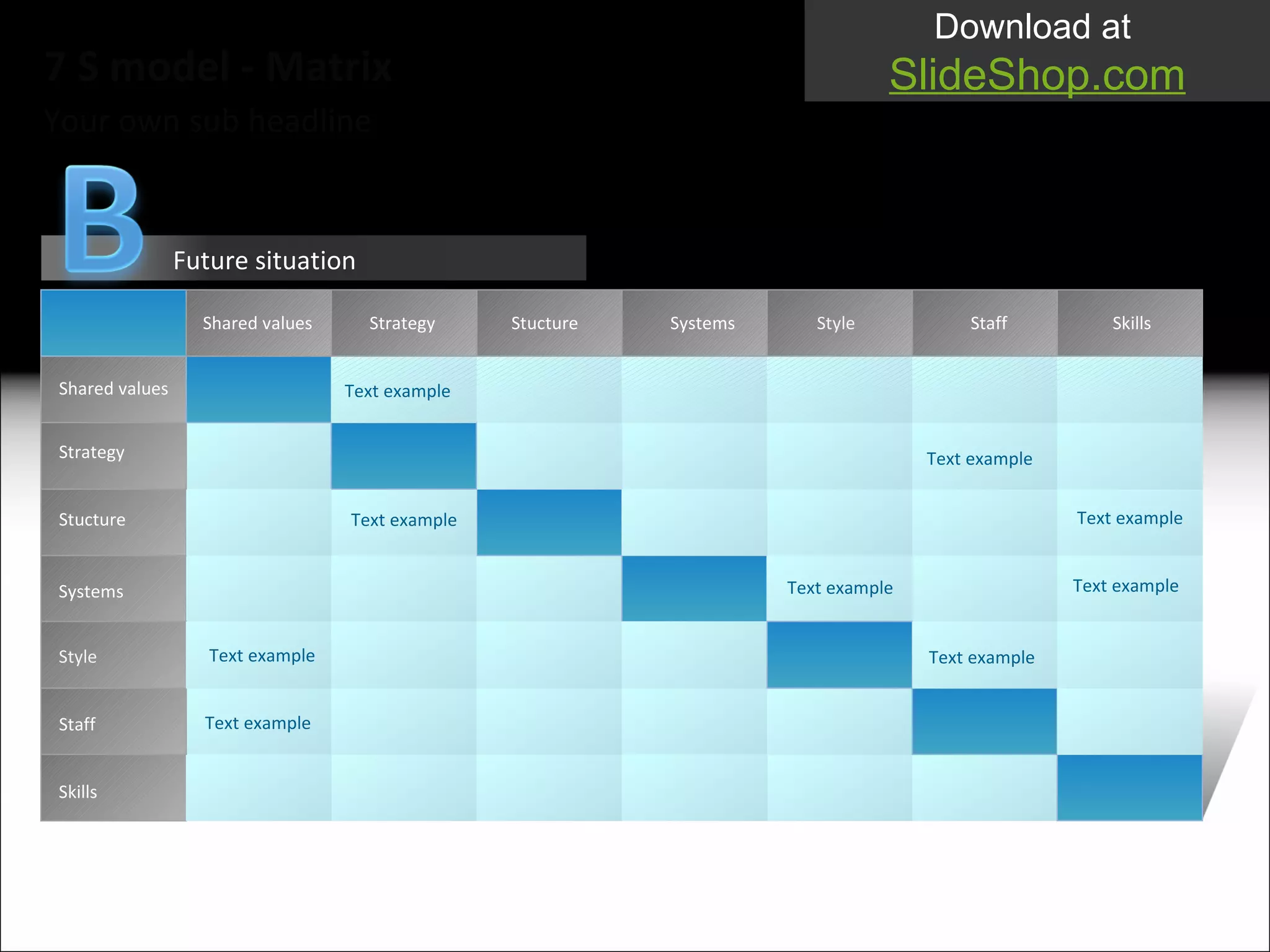 Your own sub headline Text example Text example Text example Text example Text example Text example Text example Text example Text example 7 S model - Matrix Future situation Shared values Shared values Strategy Strategy Systems Systems Style Style Staff Staff Skills Skills Stucture Stucture 