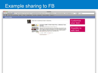 Example sharing to FB
Customize
your text
Possible to
edit text
 