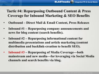 BLASTmedia               Integrated PR & Social Media




    Tactic #4: Repurposing Outbound Content & Press
    Coverage...