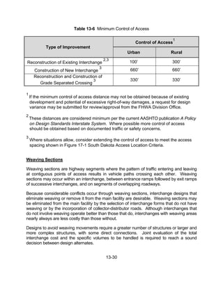 13-30
Table 13-6 Minimum Control of Access
Type of Improvement
Control of Access
1
Urban Rural
Reconstruction of Existing Interchange
2,3
100’ 300’
Construction of New Interchange
3
660’ 660’
Reconstruction and Construction of
Grade Separated Crossing
3 330’ 330’
1
If the minimum control of access distance may not be obtained because of existing
development and potential of excessive right-of-way damages, a request for design
variance may be submitted for review/approval from the FHWA Division Office.
2
These distances are considered minimum per the current AASHTO publication A Policy
on Design Standards Interstate System. Where possible more control of access
should be obtained based on documented traffic or safety concerns.
3
Where situations allow, consider extending the control of access to meet the access
spacing shown in Figure 17-1 South Dakota Access Location Criteria.
Weaving Sections
Weaving sections are highway segments where the pattern of traffic entering and leaving
at contiguous points of access results in vehicle paths crossing each other. Weaving
sections may occur within an interchange, between entrance ramps followed by exit ramps
of successive interchanges, and on segments of overlapping roadways.
Because considerable conflicts occur through weaving sections, interchange designs that
eliminate weaving or remove it from the main facility are desirable. Weaving sections may
be eliminated from the main facility by the selection of interchange forms that do not have
weaving or by the incorporation of collector-distributor roads. Although interchanges that
do not involve weaving operate better than those that do, interchanges with weaving areas
nearly always are less costly than those without.
Designs to avoid weaving movements require a greater number of structures or larger and
more complex structures, with some direct connections. Joint evaluation of the total
interchange cost and the specific volumes to be handled is required to reach a sound
decision between design alternates.
 