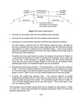 13-9
Figure 13-3 Ramp Typical Section
 Off-ramp PI’s are located 1200’ from the centerline of the crossroad.
 On-ramp PI’s are located 1200’ from the centerline of the crossroad.
 Intersection of a ramp with the crossroad is 550’ from the centerline of mainline.
The 550’ distance, combined with the 1200’ distance mentioned above, will allow for
the ramp to intersect the cross road at a skew angle that does not hinder the horizontal
sight distance or create a “looking over the shoulder” feeling. Truck turning analysis
should be completed to determine the size of the radius needed on the inside angle of
the ramp/cross road intersection.
If mainline and cross road intersect at a skew, the designer should refer to Chapter 12
– Intersections to determine the need for squaring the intersection of the ramps with
the cross road. If the intersection is squared, maintain the 550’ distance along the
cross road and ensure that the larger footprint of the ramp can be contained within
available right-of-way or that additional right-of-way can be obtained.
 Off-ramp with terminal type exit taper: The off-ramp taper is a 20:1 taper for a distance
of 240’. The minimum distance between the PC of the curve and where the 20:1 taper
is 12' from the edge of the mainline outside driving lane line is 440’. This deceleration
length is found in Table 13-2 for a 80 mph mainline speed and 50 mph ramp speed.
 On-ramp with parallel type entrance taper: The minimum distance of parallel
acceleration lane between the PT of the curve and where the 50:1 taper is 12’ from the
mainline outside driving lane line is 980’. This acceleration length is found in Table 13-
1 for a 80 mph mainline speed and 50 mph ramp speed. The on-ramp taper is then
50:1 for a distance of 600’.
The preceding minimum length requirements may be adjusted by using values in Tables
13-1 and 13-2. These values will need to be adjusted according to Table 13-4 if the ramp
grades are greater than ± 2%.
 