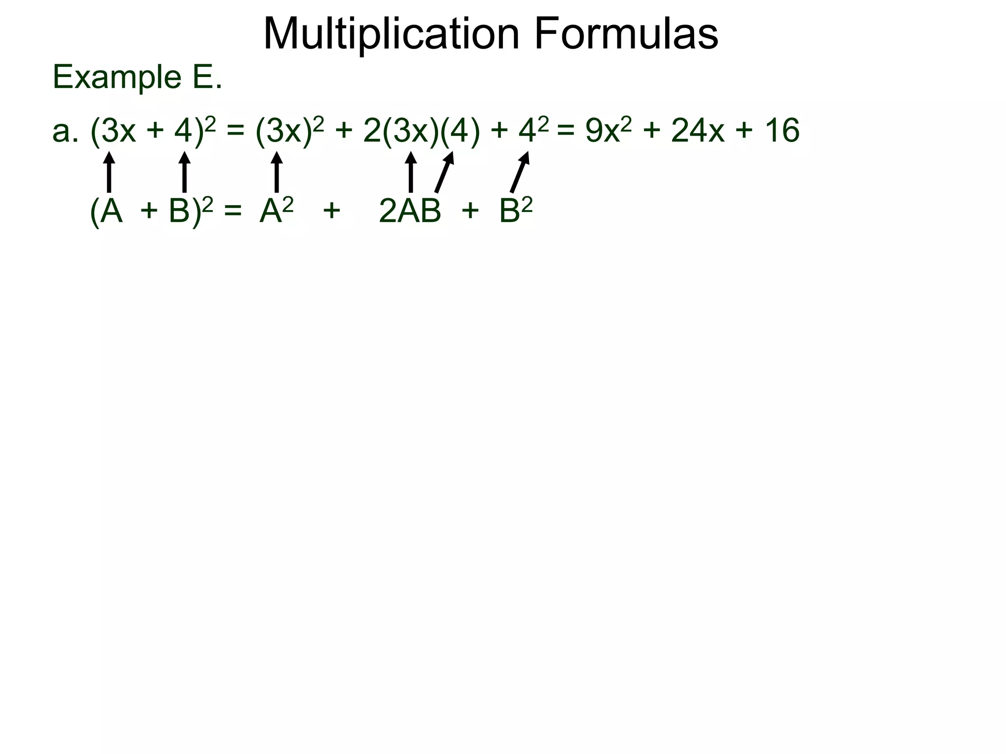 Example E.
a. (3x + 4)2 = (3x)2 + 2(3x)(4) + 42 = 9x2 + 24x + 16
(A + B)2 = A2 + 2AB + B2
Multiplication Formulas
 