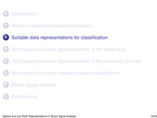1     Introduction

 2     Auditory spectro-temporal modulations

 3     Suitable data representations for classiﬁcation

 4     Joint sparse low-rank representations in the ideal case

 5     Joint sparse low-rank representations in the presence of noise

 6     Joint sparse low-rank subspace-based classiﬁcation

 7     Music signal analysis

 8     Conclusions


Sparse and Low Rank Representations in Music Signal Analysis            16/54
 