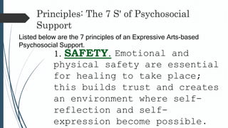 1. SAFETY. Emotional and
physical safety are essential
for healing to take place;
this builds trust and creates
an environment where self-
reflection and self-
expression become possible.
Principles: The 7 S' of Psychosocial
Support
Listed below are the 7 principles of an Expressive Arts-based
Psychosocial Support.
 