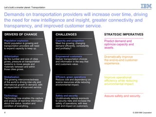 Demands on transportation providers will increase over time, driving the need for new intelligence and insight, greater connectivity and transparency, and improved customer service. DRIVERS OF CHANGE Assure safety and security. Improve operational efficiency while reducing environmental impact. Dramatically improve the end-to-end customer experience. CHALLENGES STRATEGIC IMPERATIVES Population explosion World population is growing and transportation providers will need  to expand capacity to keep up.  Urbanization As the number and size of cities grows, pressure on transportation systems to move people and materials between and within  those cities grows. Globalization The growing interconnectedness  of the world is driving inter-city and international growth in demand, with an expectation of improved service. Technology Technology now enables the capture and analysis of real-time information about the status, location and condition of everything. Capacity and congestion Meet the growing, changing demand efficiently, consistently and profitably? Empowered customers Deliver transportation choices and information in the way that end customers value. Efficient, green operations Reduce cost and dependency on scarce resources while reducing environmental impact. Safety and security Unobtrusively reduce exposure  to security risks and increase the safety of operations, with less  cost and impact on customers. Predict demand and optimize capacity and assets. 