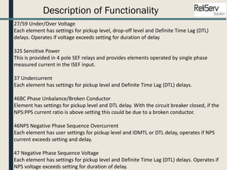 Description of Functionality
27/59 Under/Over Voltage
Each element has settings for pickup level, drop-off level and Definite Time Lag (DTL)
delays. Operates if voltage exceeds setting for duration of delay
32S Sensitive Power
This is provided in 4 pole SEF relays and provides elements operated by single phase
measured current in the ISEF input.
37 Undercurrent
Each element has settings for pickup level and Definite Time Lag (DTL) delays.
46BC Phase Unbalance/Broken Conductor
Element has settings for pickup level and DTL delay. With the circuit breaker closed, if the
NPS:PPS current ratio is above setting this could be due to a broken conductor.
46NPS Negative Phase Sequence Overcurrent
Each element has user settings for pickup level and IDMTL or DTL delay, operates if NPS
current exceeds setting and delay.
47 Negative Phase Sequence Voltage
Each element has settings for pickup level and Definite Time Lag (DTL) delays. Operates if
NPS voltage exceeds setting for duration of delay.
 