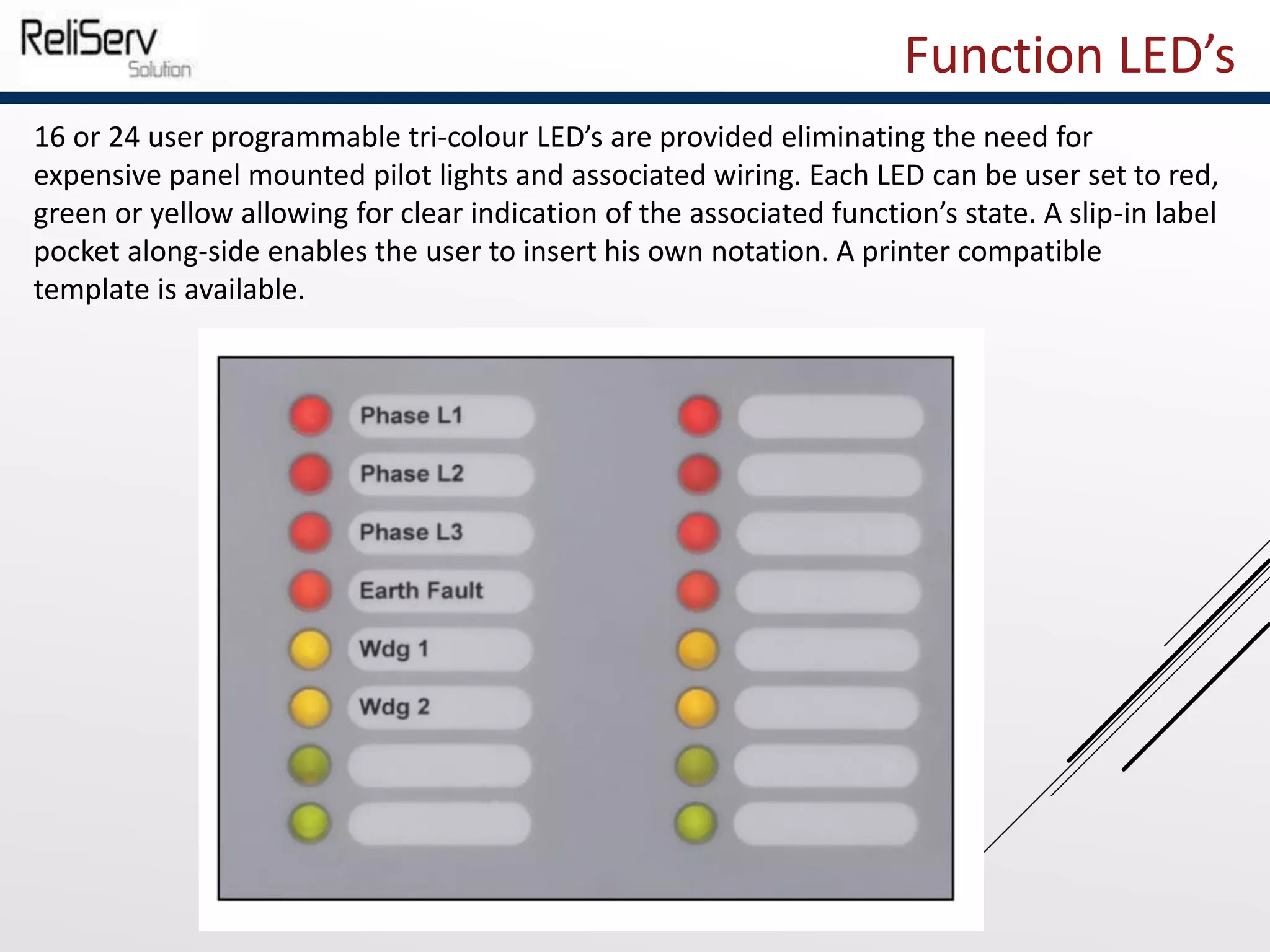 Function LED’s
16 or 24 user programmable tri-colour LED’s are provided eliminating the need for
expensive panel mounted pilot lights and associated wiring. Each LED can be user set to red,
green or yellow allowing for clear indication of the associated function’s state. A slip-in label
pocket along-side enables the user to insert his own notation. A printer compatible
template is available.
 