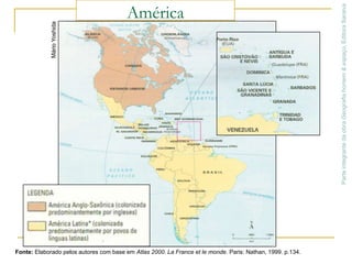       É constituído por duas grandes porções continentais: América do Norte e América do Sul. Entre elas existe uma estreita faixa de terra, que com as Antilhas, forma a América Central.Parte integrante da obra Geografia homem & espaço, Editora Saraiva
