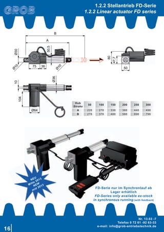 16
Nr. 13.03 -7
Telefax 0 72 61 -92 63-33
e-mail: info@grob-antriebstechnik.de
Ø
10
Ø30
75 36
A
50,5
B
47,7
50
8064Ø
104
10
Ø36
Ø
10
1.2.2 Stellantrieb FD-Serie
1.2.2 Linear actuator FD series
NEU
Mitte 2013
NEW
mid 2013
Hub
Stroke
50 100 150 200 250 300
A 228 278 338 388 448 498
B 278 378 488 588 698 798
FD-Serie nur im Synchronlauf ab
Lager erhätlich
FD-Series only available ex-stock
in synchronous running (with feedback)
 
