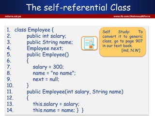 The self-referential Class
mfarra.cst.ps www.fb.com/MahmoudRFarra
1. class Employee {
2. public int salary;
3. public String name;
4. Employee next;
5. public Employee()
6. {
7. salary = 300;
8. name = "no name";
9. next = null;
10. }
11. public Employee(int salary, String name)
12. {
13. this.salary = salary;
14. this.name = name; } }
Self Study: To
convert it to generic
class, go to page 907
in our text book.
[ind, N.W]
 
