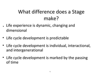 What difference does a Stage make? <ul><li>.   Life experience is dynamic, changing and dimensional </li></ul><ul><li>Life...