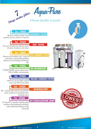Choose Quality in purity
1st STAGE
SEDIMENT FILTER
3st STAGE
CTO CARBON FILTER
4st STAGE
RO MEMBRANE
5st STAGE
INLINE CARBON FILTER
6st STAGE
MINERALIZER
7st STAGE
UV STERILIZATION LAMP
2st STAGE
GAC FILTER
Removes sediments,dust ,sand,
particles and rust ,down to 5 micron.
Gets rid of unpleasant chlorine, tastes
& odors ,cloudiness and colors.
Removes any residual color , tastes &
odors,plus compounding prefilters
efficiency and extending membrane’s
life.
75 GDP 0,0001 micron rejects up to
99% of 1000+ contaminants.
Removes any possible residual
tastes and odors from bank.
Bio -ceramic ball and the natural herb
stone, vitalize and mineralizer the
drinking water.
11 watt UV in stainless steel housing
sterilizes the drinking the drinking
water effectively without using
chemicals.
W: www.aquapure.ae M: info@aquapure.ae
Stage water filter
7
 