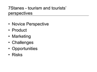 7Stanes - tourism and tourists’ perspectives Novice Perspective Product  Marketing Challenges Opportunities Risks 