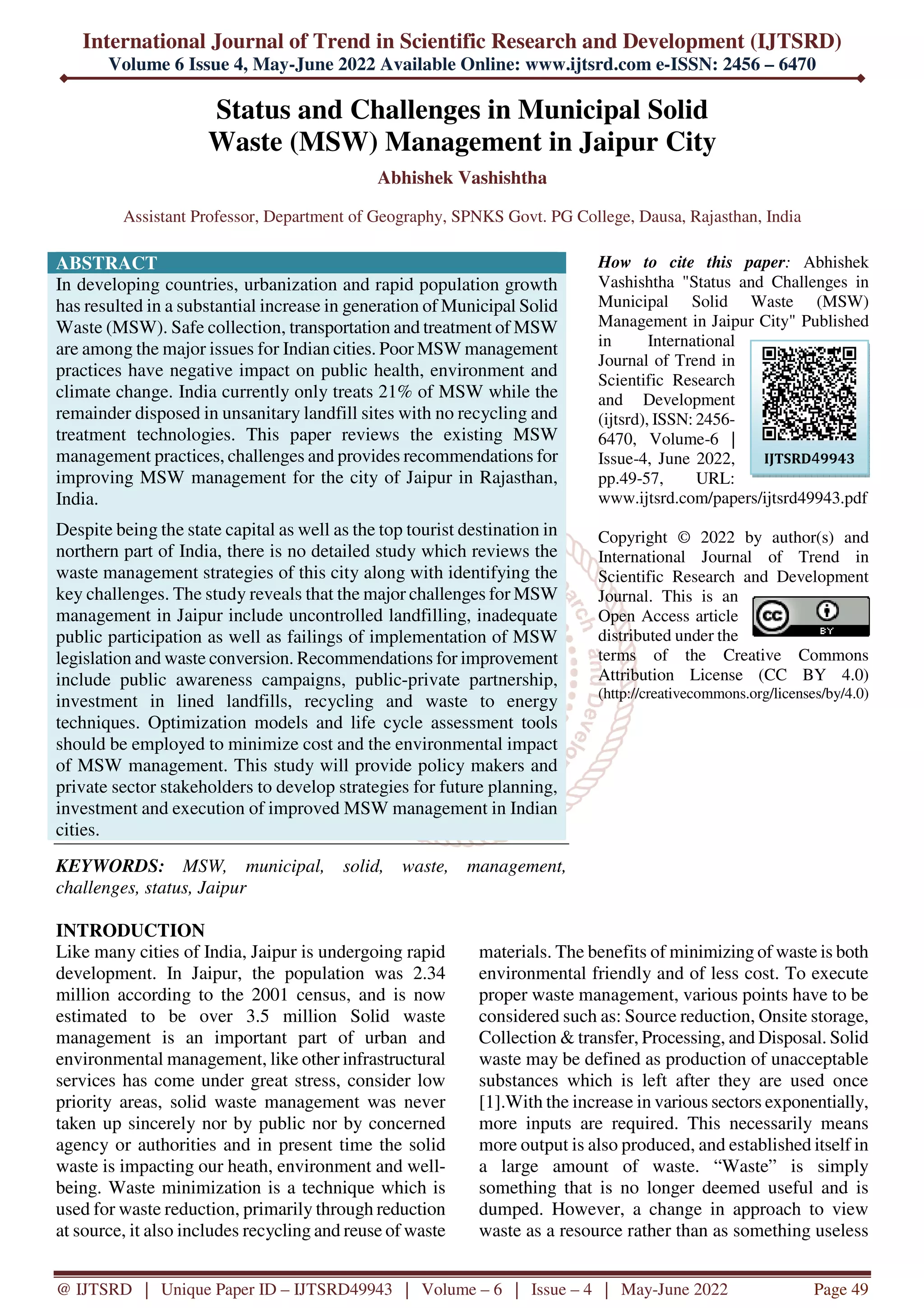 Status and Challenges in Municipal Solid Waste MSW Management in Jaipur ...