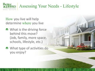 Assessing Your Needs - Lifestyle
How you live will help
determine where you live
What is the driving force
behind this move?
(Job, family, more space,
schools, lifestyle, etc.)
What type of activities do
you enjoy?
 