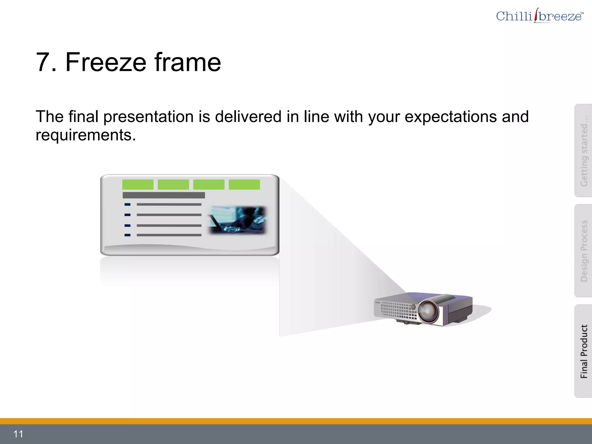 7. Freeze frame  The final presentation is delivered in line with your expectations and requirements. 