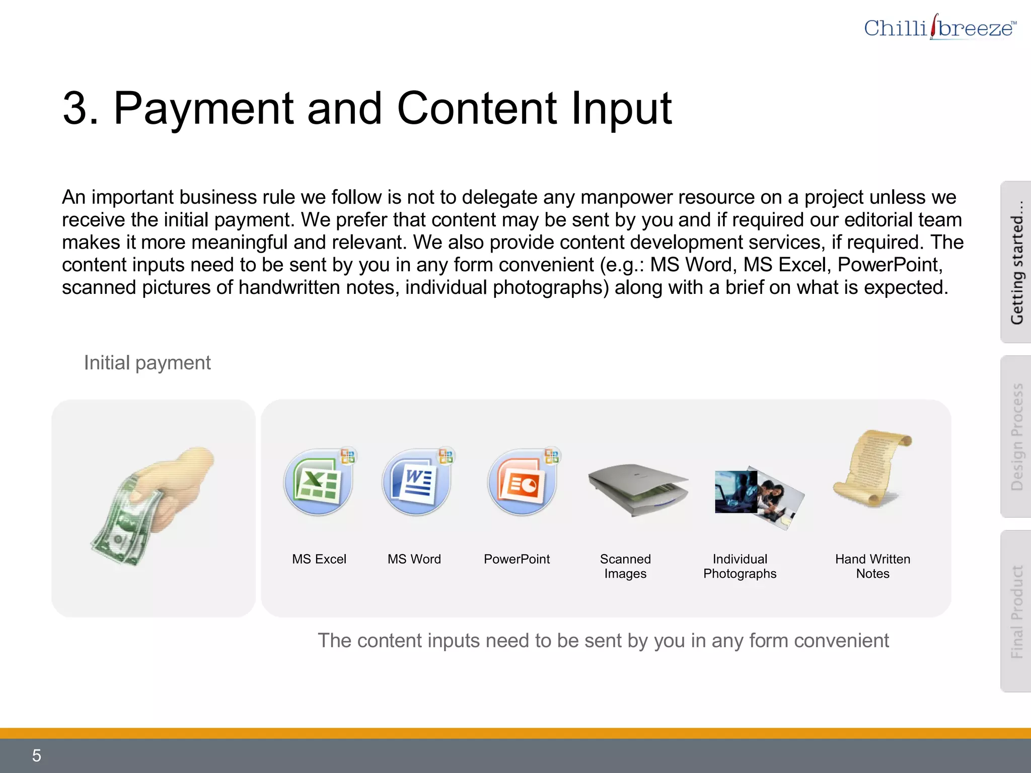 3. Payment and Content Input  An important business rule we follow is not to delegate any manpower resource on a project unless we receive the initial payment. We prefer that content may be sent by you and if required our editorial team makes it more meaningful and relevant. We also provide content development services, if required. The content inputs need to be sent by you in any form convenient (e.g.: MS Word, MS Excel, PowerPoint, scanned pictures of handwritten notes, individual photographs) along with a brief on what is expected.   Initial payment MS Excel MS Word PowerPoint Scanned Images Individual Photographs The content inputs need to be sent by you in any form convenient  Hand Written Notes 