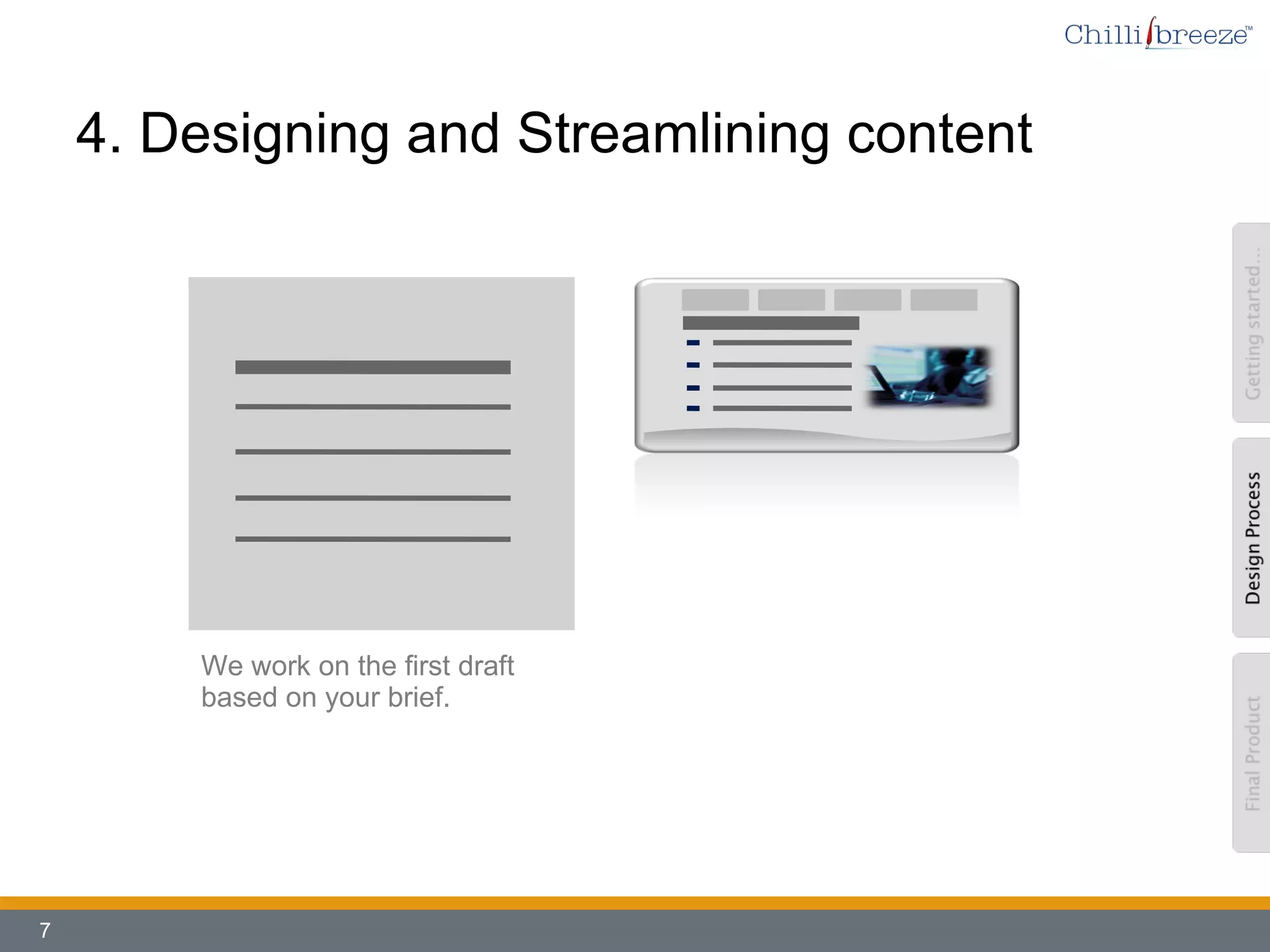 4. Designing and Streamlining content  We work on the first draft based on your brief. 