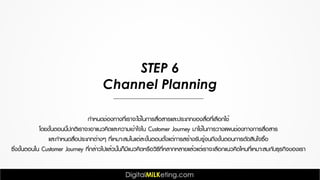 STEP 6
Channel Planning
กำหนดช่องทางที่เราจะใช้ในการสื่อสารและประเภทของสื่อที่เลือกใช้
โดยขั้นตอนนี้ปกติเราจะเอาแนวคิดและความเข้าใจใน Customer Journey มาใช้ในการวางแผนช่องทางการสื่อสาร
และกำหนดสื่อประเภทต่างๆ ที่เหมาะสมในแต่ละขั้นตอนตั้งแต่การสร้างรับรู้จนถึงขั้นตอนการตัดสินใจซื้อ
ซึ่งขั้นตอนใน Customer Journey ที่กล่าวไปแล้วนั้นก็มีแนวคิดหรือวิธีที่หลากหลายแล้วแต่เราจะเลือกแนวคิดไหนที่เหมาะสมกับธุรกิจของเรา
 
