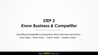 STEP 2
Know Business & Competitor
ขั้นตอนนี้เป็นการหาข้อมูลในปีที่ผ่านมาและข้อมูลปัจจุบัน เพื่อนำมาวิเคราะห์และวางแผนการทำงาน
Brand Analysis - Market Analysis - Customer Analysis - Competitor Analysis -
 