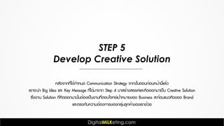 STEP 5
Develop Creative Solution
หลังจากที่ได้กำหนด Communication Strategy จากขั้นตอนก่อนหน้านี้แล้ว
เราจะนำ Big Idea และ Key Message ที่ได้มาจาก Step 4 มาสร้างสรรค์และคิดออกมาเป็น Creative Solution
ซึ่งงาน Solution ที่คิดออกมานั้นต้องเป็นงานที่ตอบโจทย์เป้าหมายของ Business สะท้อนแนวคิดของ Brand
และตรงกับความต้องการของกลุ่มลูกค้าของเราด้วย
 