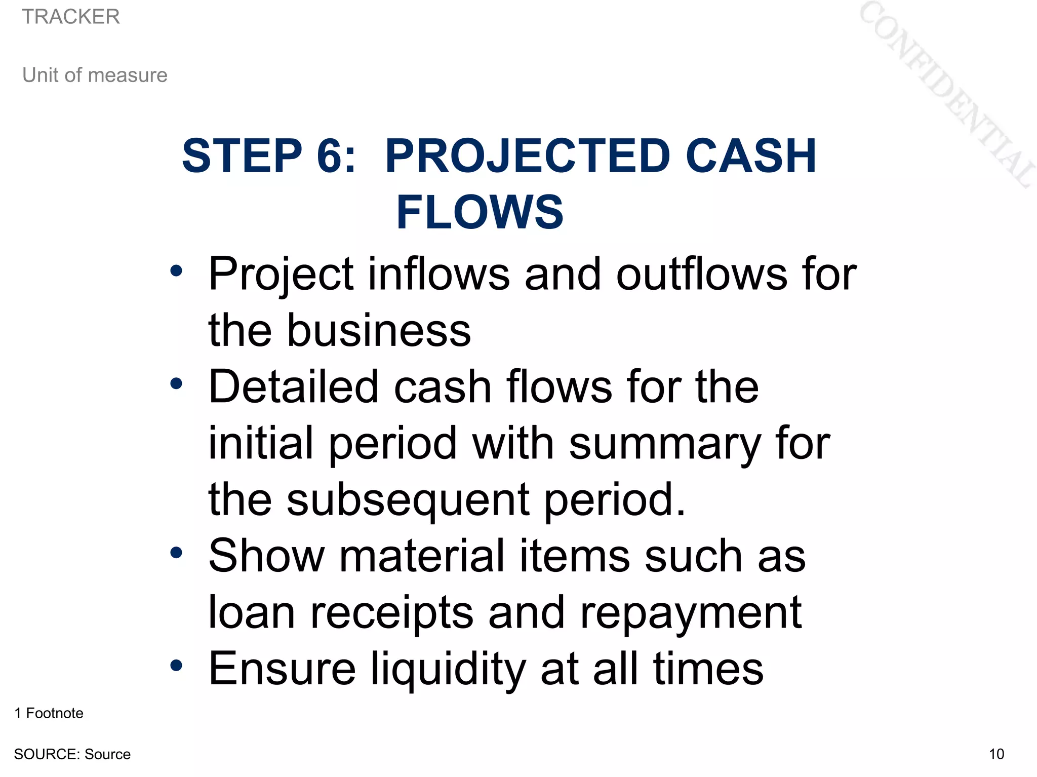 TRACKER

 Unit of measure



                  STEP 6: PROJECTED CASH
                              FLOWS
                 • Project inflows and outflows for
                   the business
                 • Detailed cash flows for the
                   initial period with summary for
                   the subsequent period.
                 • Show material items such as
                   loan receipts and repayment
                 • Ensure liquidity at all times
1 Footnote

SOURCE: Source                                        10
 