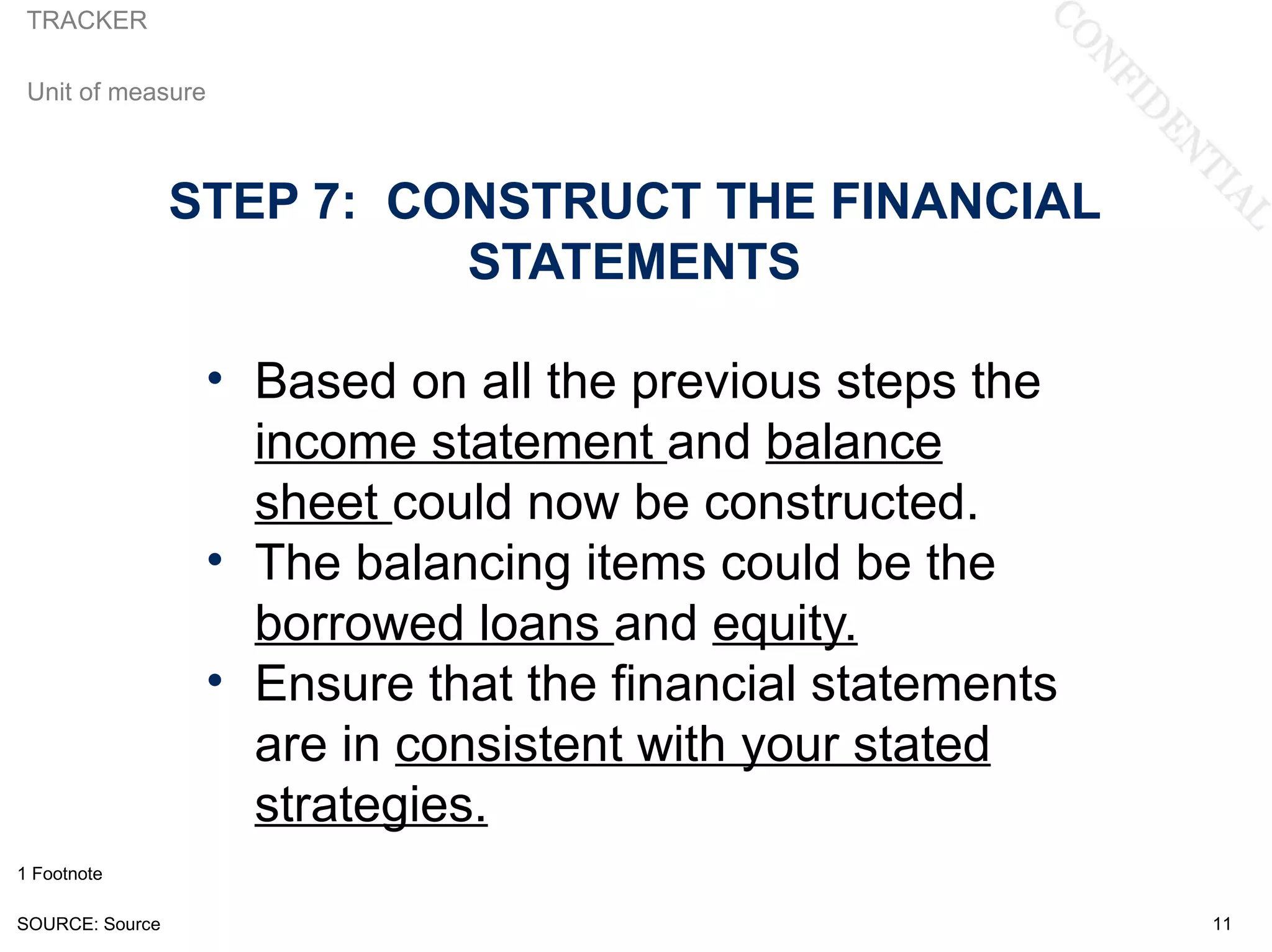 TRACKER

 Unit of measure



                 STEP 7: CONSTRUCT THE FINANCIAL
                           STATEMENTS

                  • Based on all the previous steps the
                    income statement and balance
                    sheet could now be constructed.
                  • The balancing items could be the
                    borrowed loans and equity.
                  • Ensure that the financial statements
                    are in consistent with your stated
                    strategies.
1 Footnote

SOURCE: Source                                             11
 