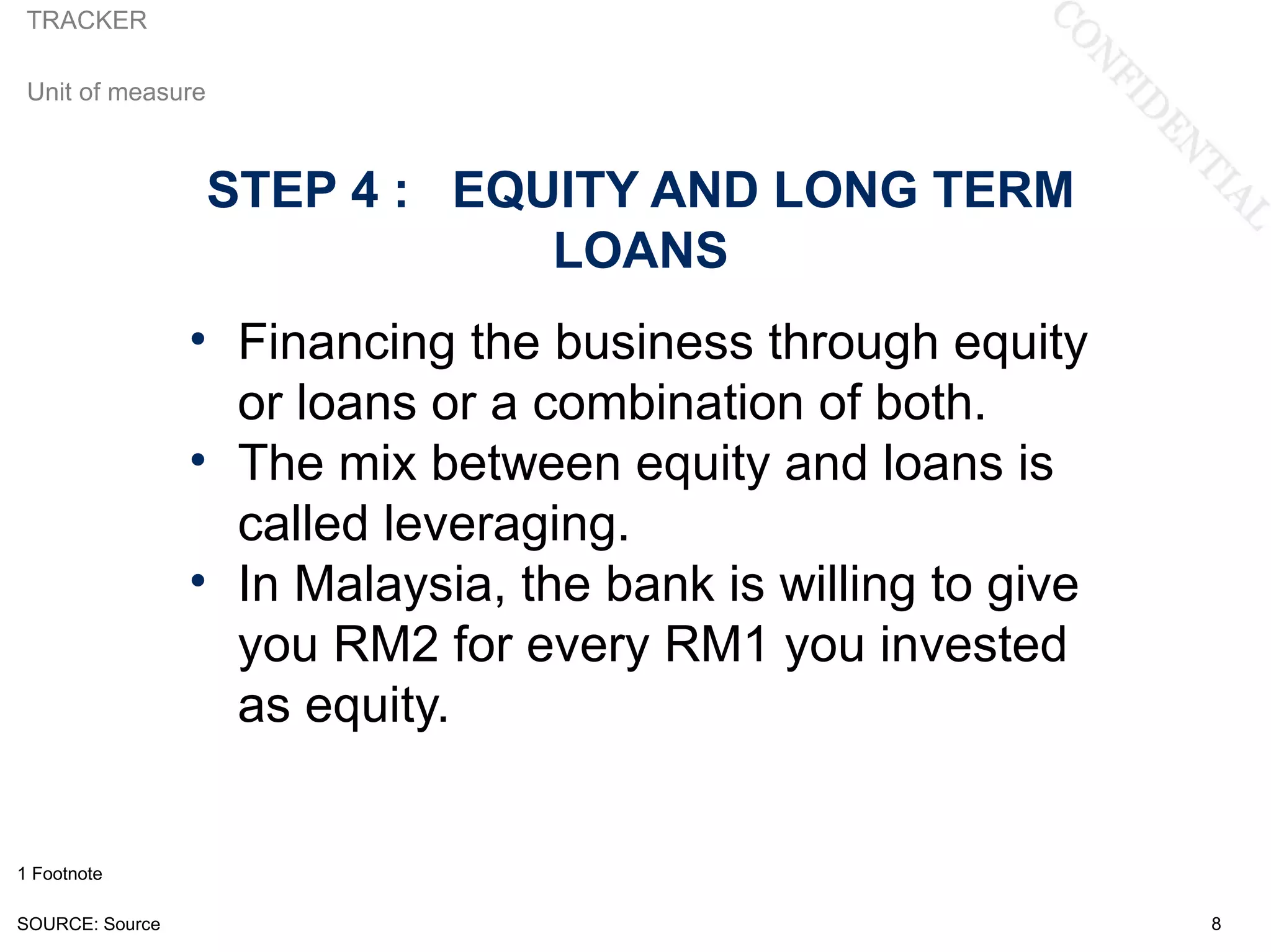 TRACKER

 Unit of measure



                   STEP 4 : EQUITY AND LONG TERM
                               LOANS
                 • Financing the business through equity
                   or loans or a combination of both.
                 • The mix between equity and loans is
                   called leveraging.
                 • In Malaysia, the bank is willing to give
                   you RM2 for every RM1 you invested
                   as equity.


1 Footnote

SOURCE: Source                                                8
 