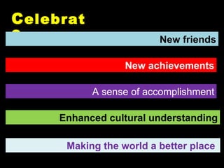 C elebrate New friends New achievements A sense of accomplishment Making the world a better place  Enhanced cultural under...